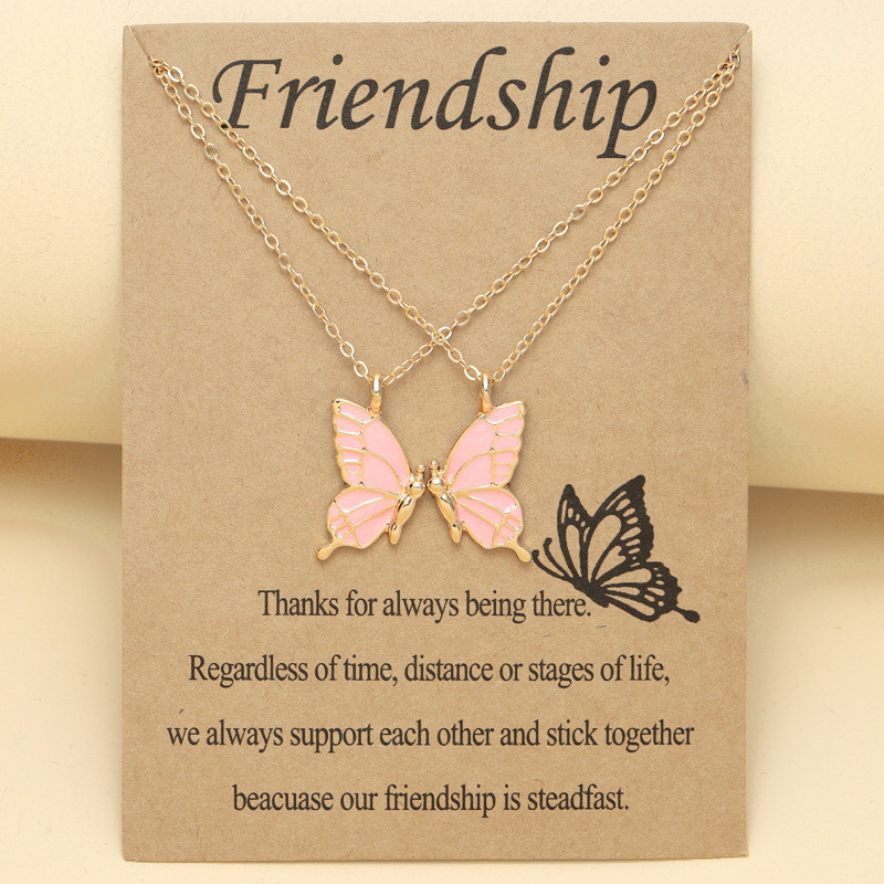 /set Best Friend Pink Butterfly Pendant Woman Necklace Designer Jewelry South Alloy Silver Gold Plated Chain Girls Necklaces Choker Friendship with Card Gift