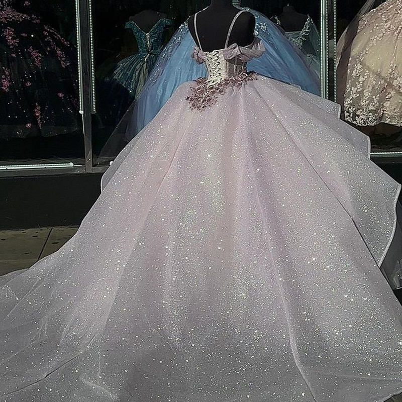 Pink Glitter Quinceanera Vestidos do vestido de ombro Sweet 16 Princess 3dflower Beads vestidos de baile vestido de 15 anos