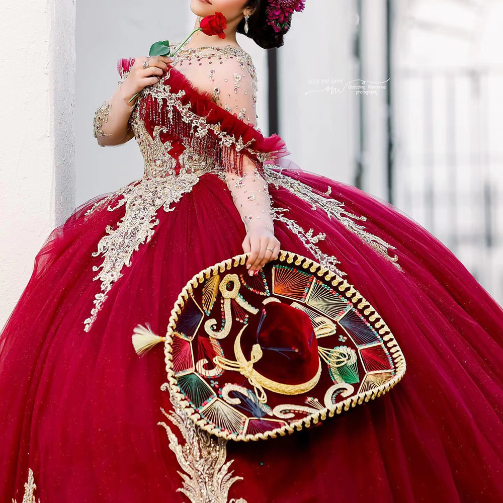 Vestido de baile vermelho quinceanera vestidos mangas compridas apliques renda doce 16 baile de festa vestido de 15 anos