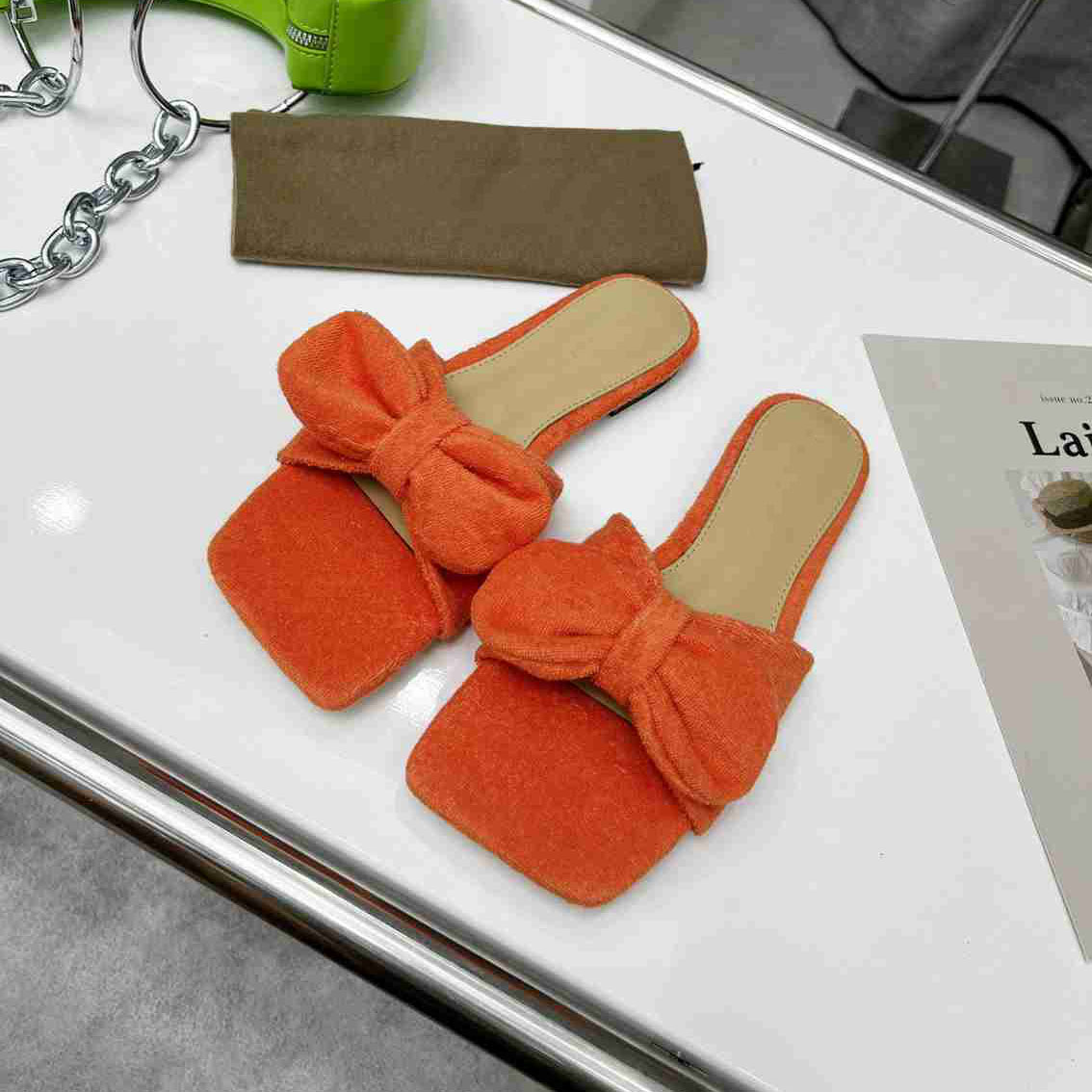 Summer Beach Designer Slippers bow ornaments Square head Towel Flat Flipflops Fashion candy color Miller Women Sandals Allmatch 6809943