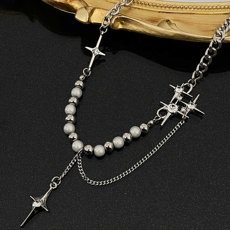 Chokers Kpop reflekterande pärlstav cross stjärna halsband hiphop imitationpearl zircon stjärna hänge halsband y2k geometriska sömmar halsband y2303