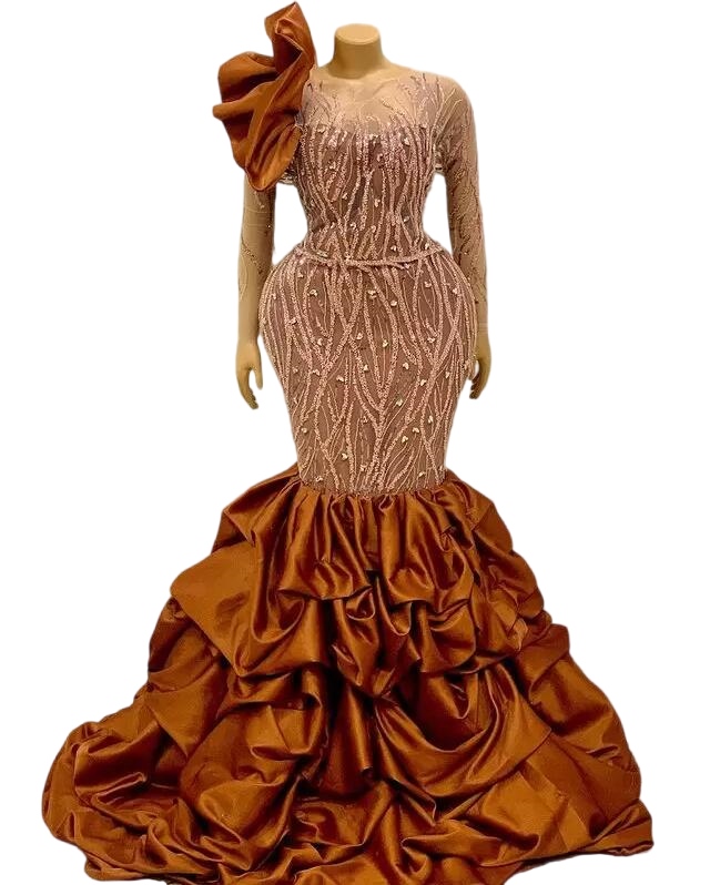 Plus size Arabische Aso Ebi Mermaid Prom Dress Bruine Long Sleeve kant kralen kristallen avond gelegenheid jurk gewaad Soirees femme