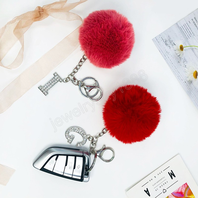 Plush Ball Keychain Crystal English Letter Keychain Silver Color A-Z Letters Pendant Keyring Fashion Bag Hanging Accessories