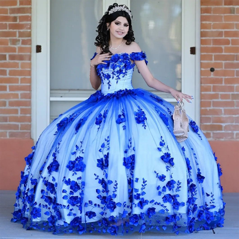 Blå quinceanera klänningar älskling bollklänning vestidos de 15 anos mode 3d blommor tyll söt 16 prinsessan fest klänning