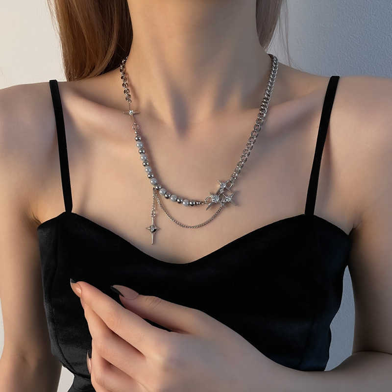 Chokers Kpop reflekterande pärlstav cross stjärna halsband hiphop imitationpearl zircon stjärna hänge halsband y2k geometriska sömmar halsband y2303