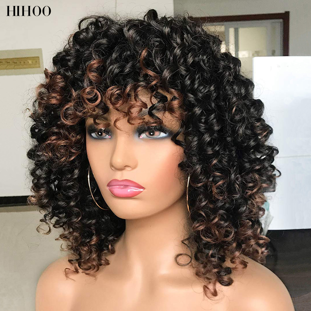 14 Korte afro kinky krullende pruik met pony voor zwarte vrouwen synthetische ombre gluess pruiken cosplay hitteberandweerstand Natuurlijk Daily Fact