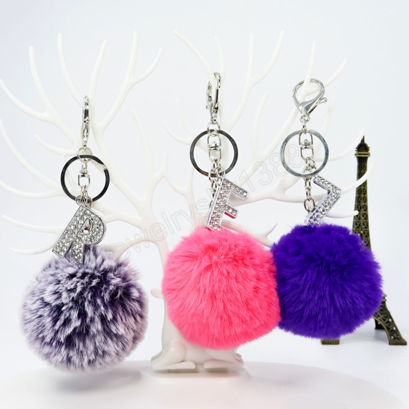 Plush Ball Keychain Crystal English Letter Keychain Silver Color A-Z Letters Pendant Keyring Fashion Bag Hanging Accessories