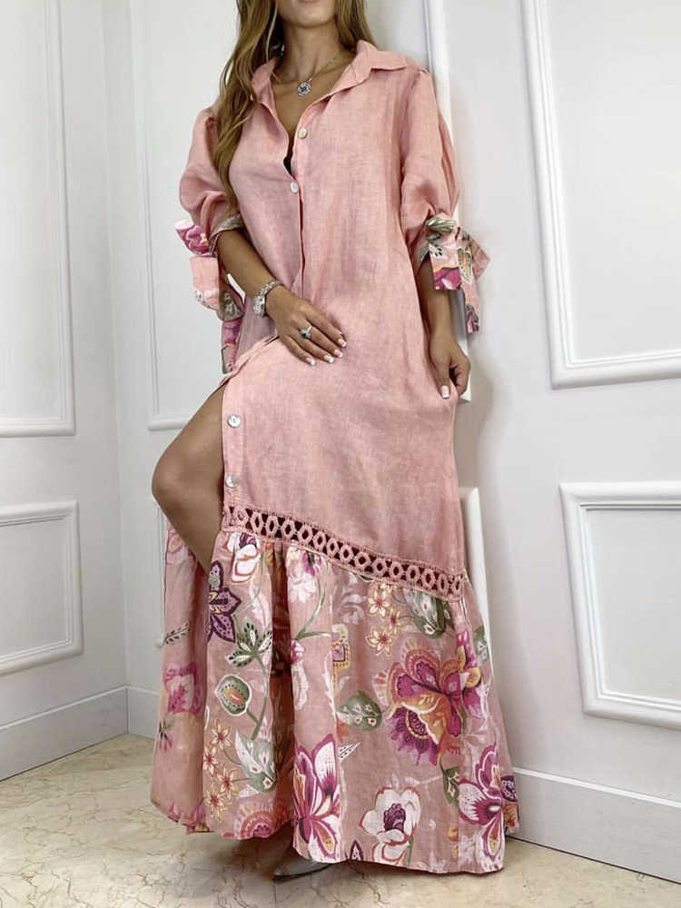 Casual Dresses 2022 Casual New Print Shirts Maxi Dress for Women Elegant Tie-Up Loose Long Dress Fashion Single-Breasted Lapel Slit Beach Dress W0315