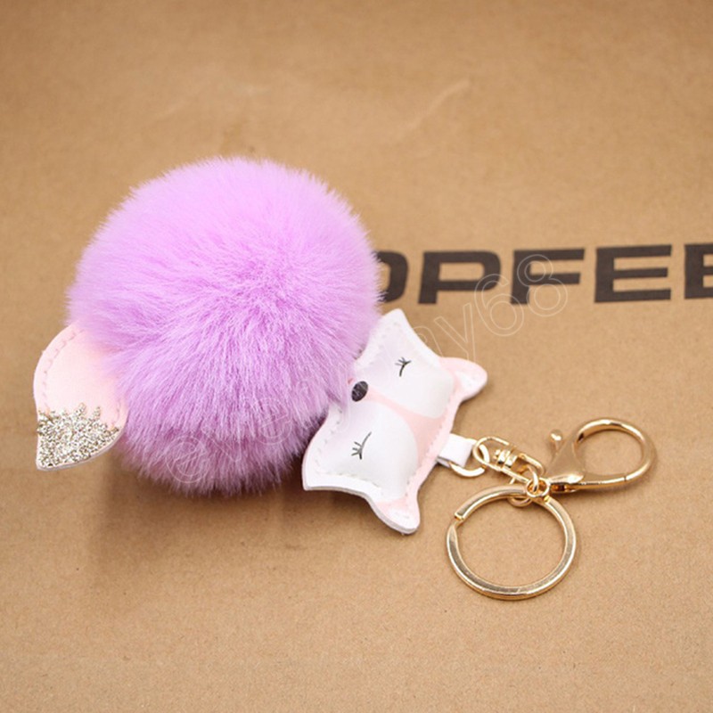 Fluffy Rabbit Fur Ball Fox Keychain Pompom Key Chain PU Leather Animal Fox Keyring Holder Women's Bag Charm Trinket Chaveiros