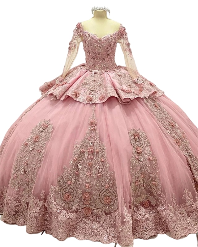 Pink Long Sleeve Princess Quinceanera Dresses 2023 Floral Applique Peplum Lace-up Corset Prom Vestidos rosas para quinceaNeras