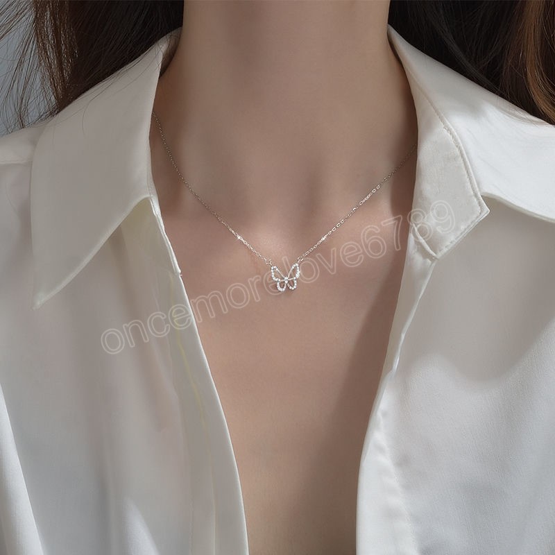 Einfache Hohl Kristall Schmetterling Halskette Mode Klassische Schlüsselbein Kette Anhänger Halskette Für Frauen Elegante Hochzeit Schmuck