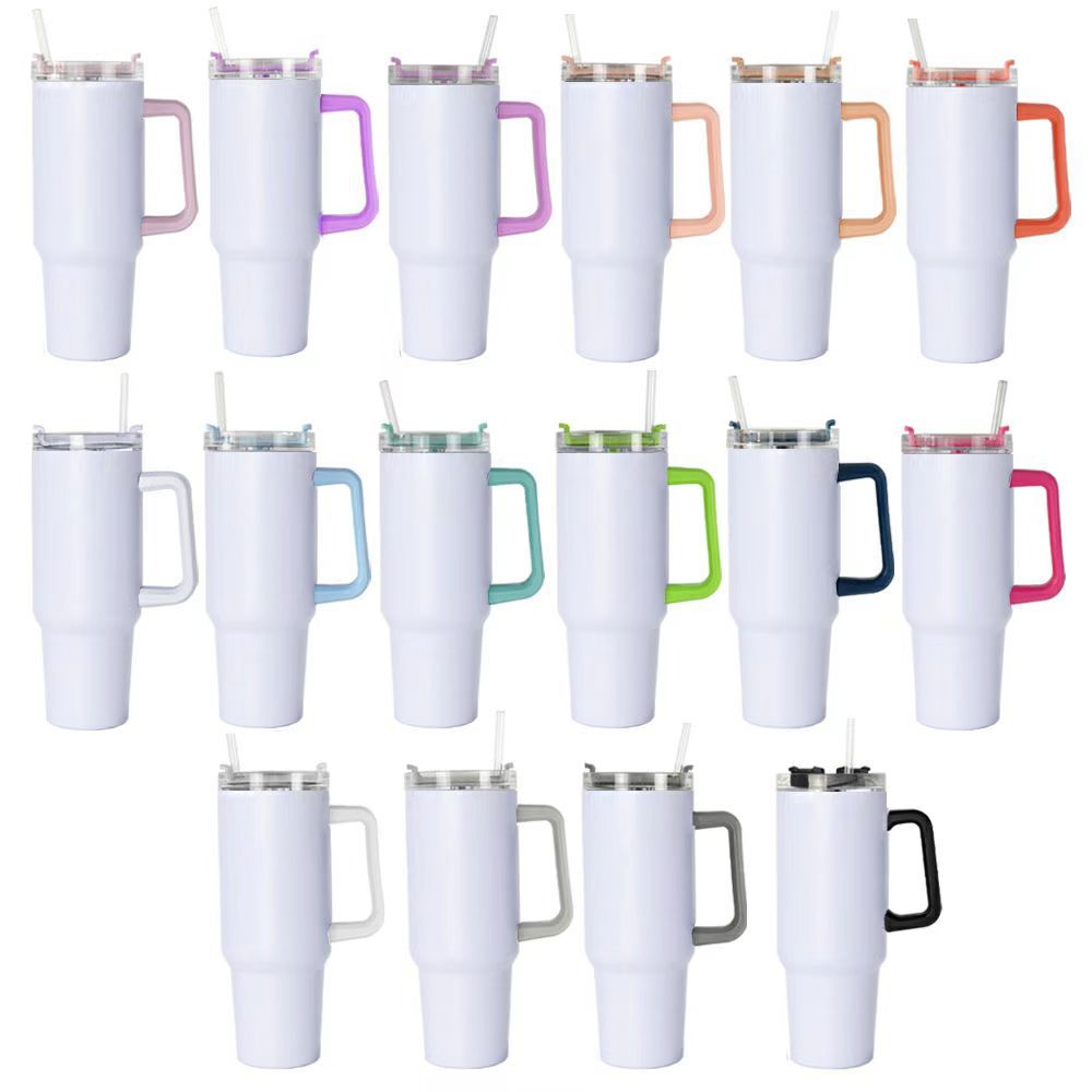 US Warehouse 40oz Sublimation White Tumbler with Colored Handle lid Straw Stainless Steels Travel Mug vacuum Insulated Water Bottle Outdoor Camping Cup /case