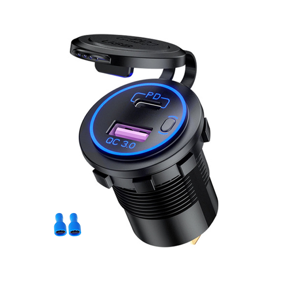 48W USB Car Charger Socket Waterproof Fast Charging Adapter PD Typ C QC3.0 Power Outlet med Switch for Car Marine Motorcykel