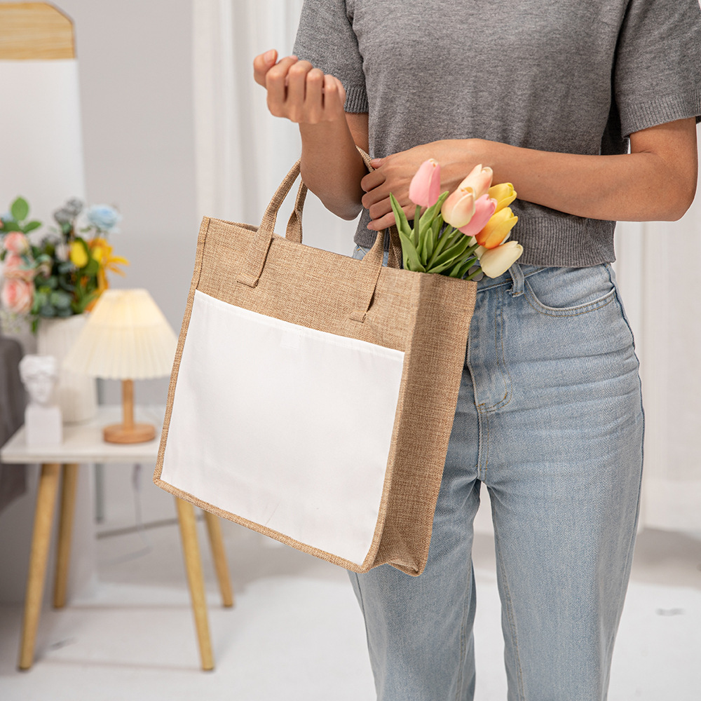 USA地元の倉庫サブリメーションジュートトートバッグハンドル再利用可能なリネン食料品ショッピングバッグ女性用の黄麻布保管バッグDIY装飾43*35cm