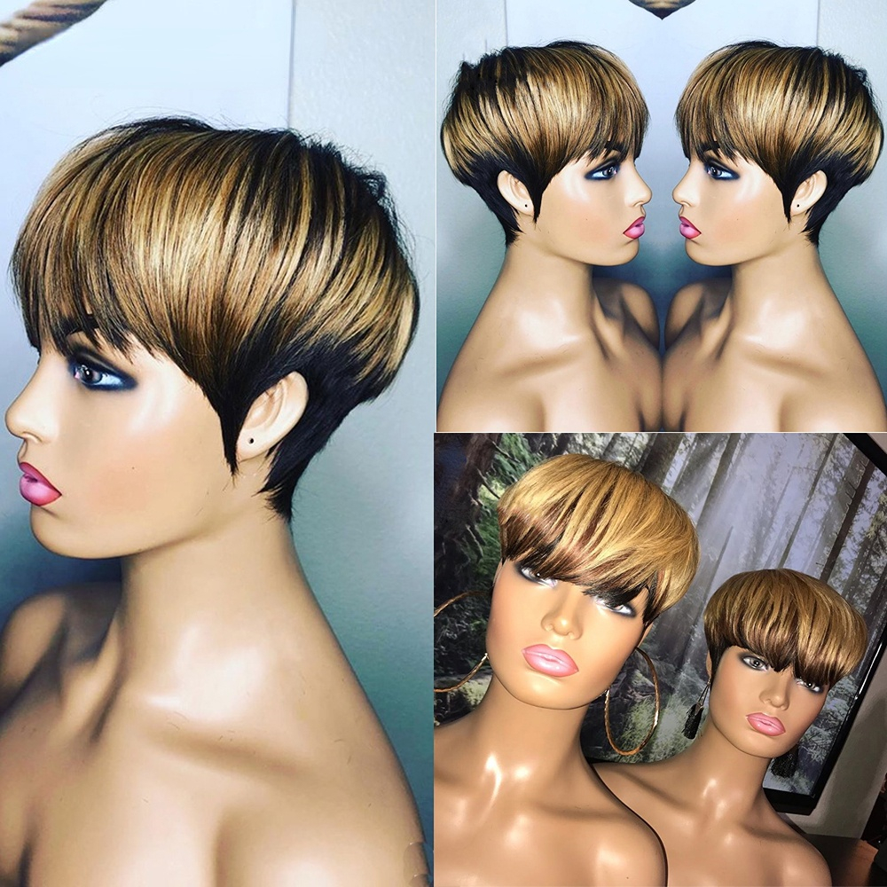 Ombre Color Pixie Cut Wig Full Lace Front Human Hair Wigs Pre Plucked Short Cut Bob Wigs Brazilian Remy Honey Blonde Wig 1B/27