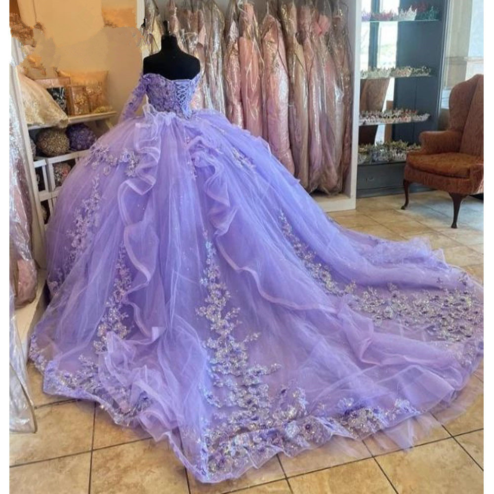 اللافندر أرجل Lilac Quinceanera فساتين طويلة الأكمام ثلاثية الأبعاد الزهور