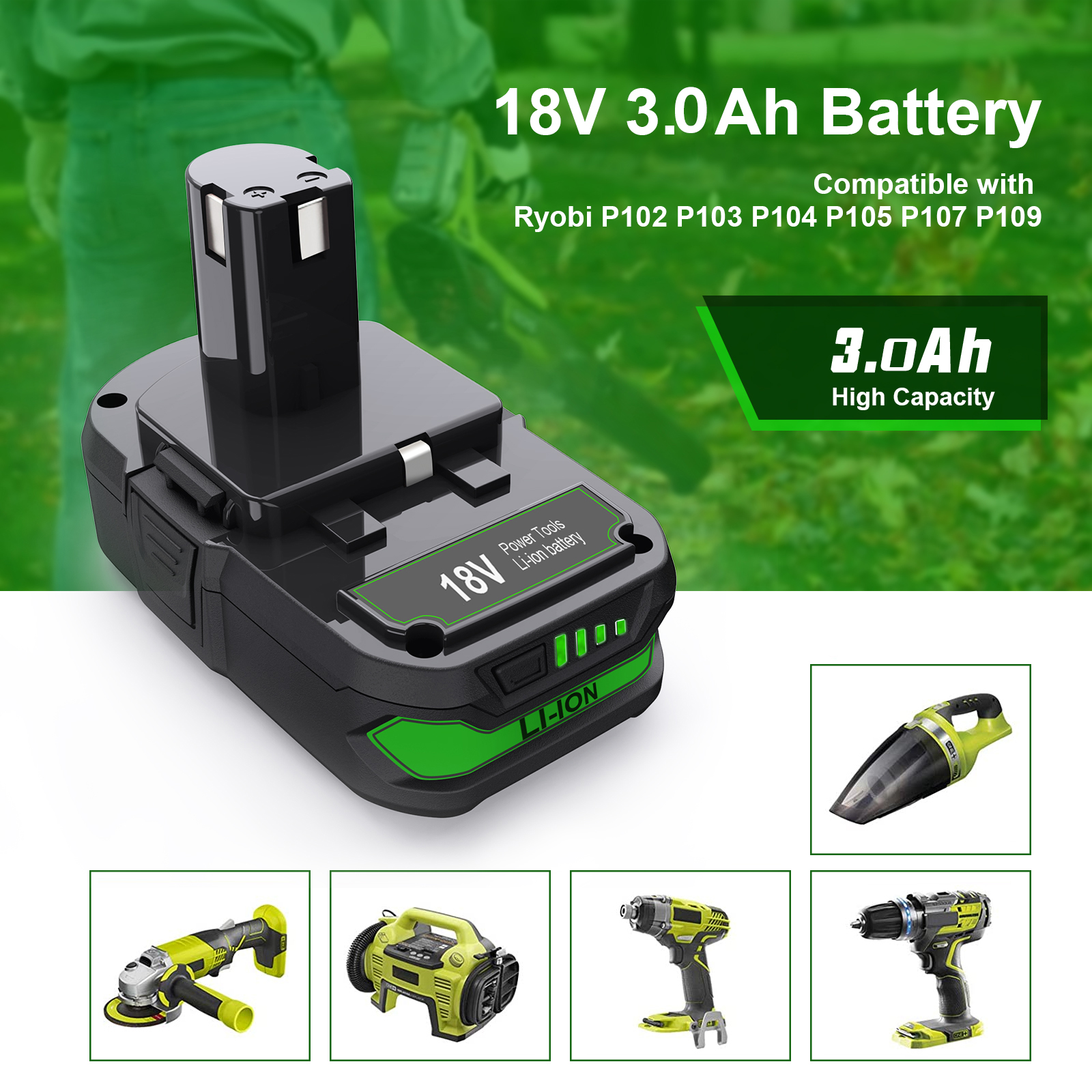 3AH för Ryobi 18V ersättningsbatteri litiumbatteri för Ryobi 18-volt Ett trådlöst verktyg RB18L25 P107 P108 P109 P102 P103