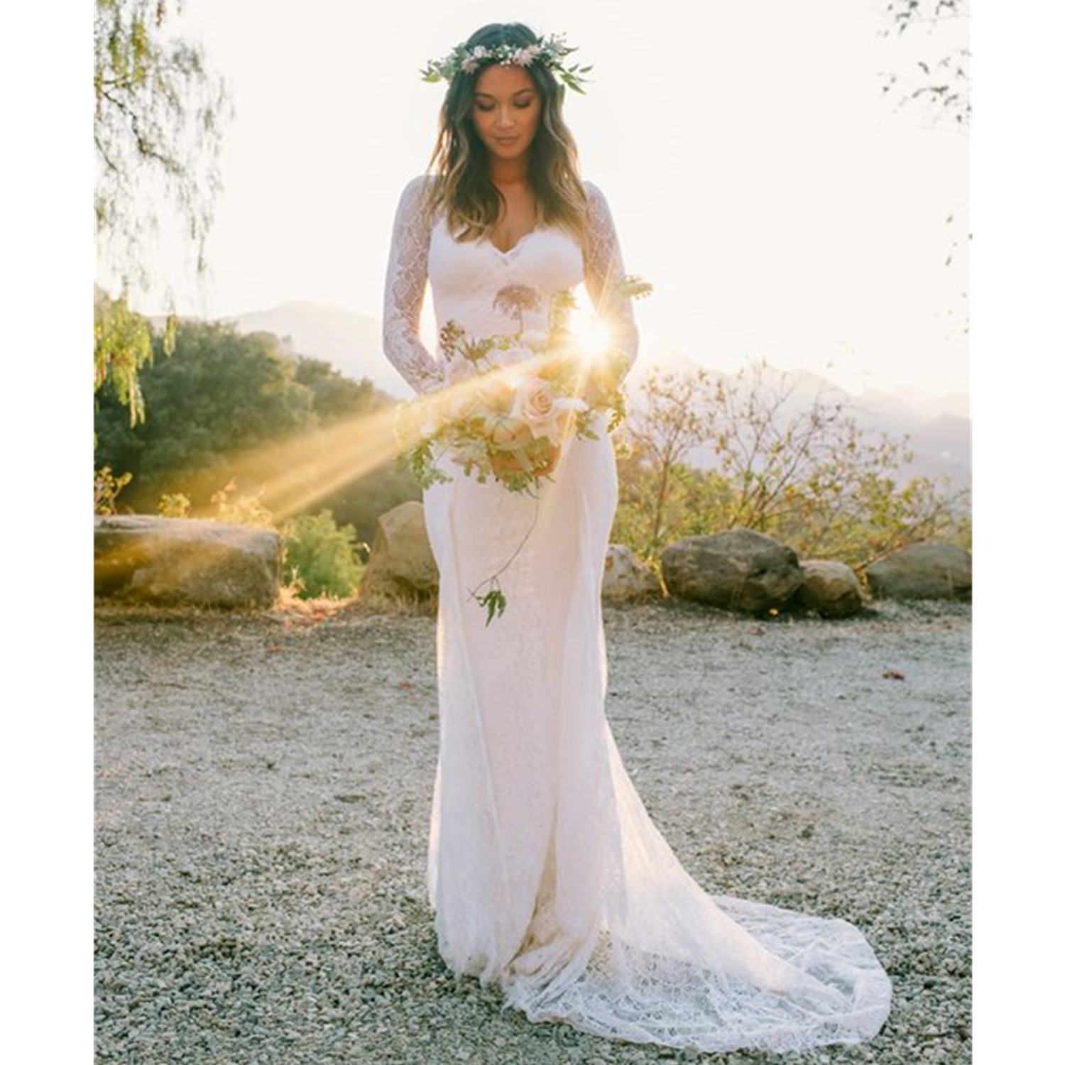 Robe de mariée trapèze modeste, col en V, dos creux, traîne de balayage, manches longues, en dentelle, bon marché, grande taille