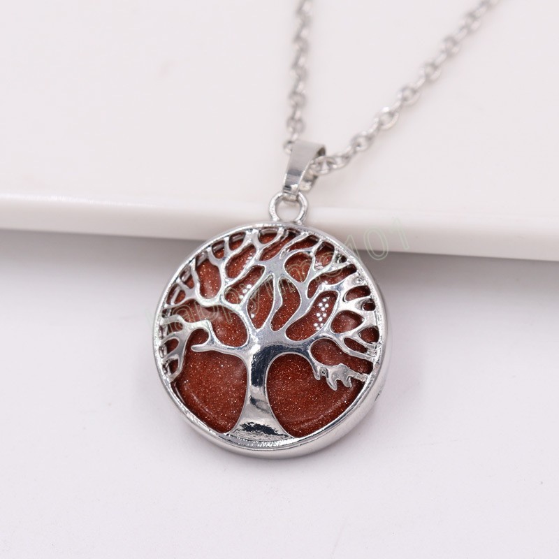 Fashion Hollow Tree of Life Pendant Necklace for Women Round Natural Stone Crystal Charm Clavicle Chain Jewelry for Party Gifts