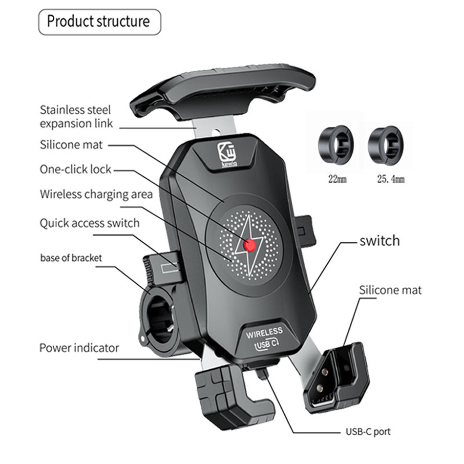 Motorcykeltelefonhållare 15W Trådlös laddare QC3.0 USB laddningsmonteringsstativstyrning av smarttelefonfästet Cykel mobiltelefonstöd M14