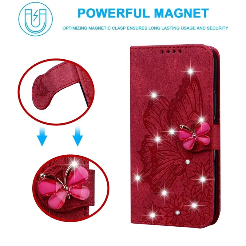 3D Butterfly Leather Wallet Falls för Redmi 10C 10A 10 5G A1 2022 Xiaomi 12T Pro Google Pixel 7 Pro 7A 6 6A Samsung A54 Bling Diamond Print Innehavare Flip Cover Pouch