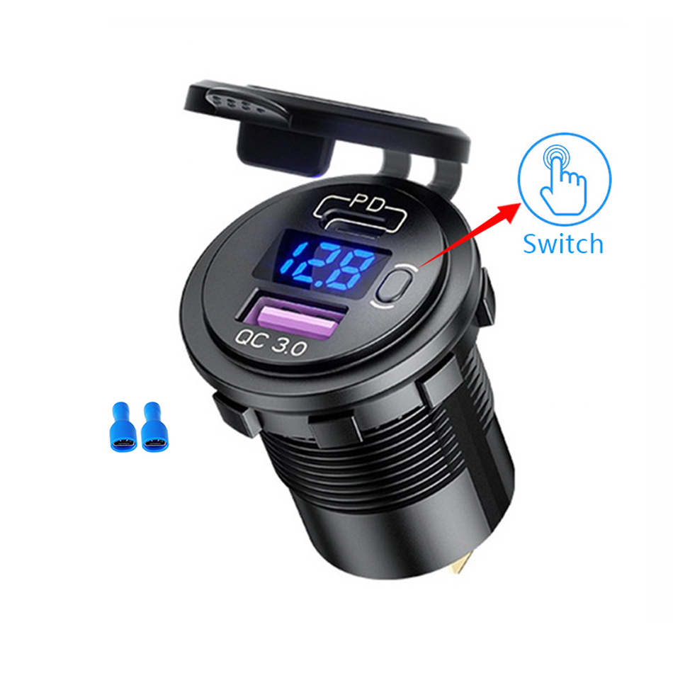 48W USB Car Charger Socket Waterproof Fast Charging Adapter PD Type C QC3.0 Power Outlet With Switch For Car Marine Motorcycle
