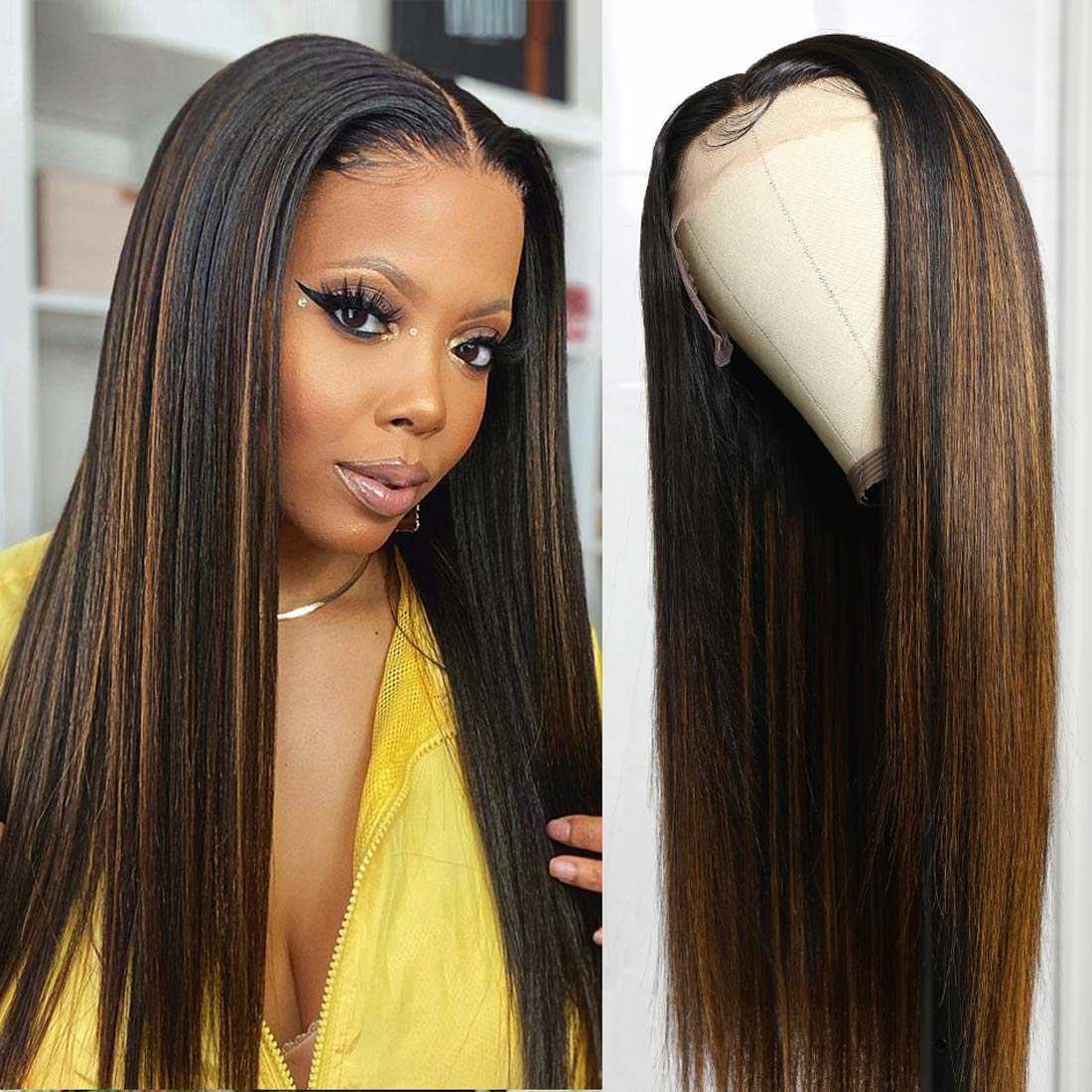 Synthetic Wigs Highlight Straight Lace Wig Synthetic t Part Wigs with Baby Hair Glueless Heat Resistant Fiber for Black Women Cosplay 230227