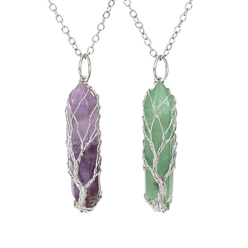 Collana con albero della vita fatta a mano donna semplice pietra naturale cristallo prisma esagonale ciondolo catena maglione regalo gioielli