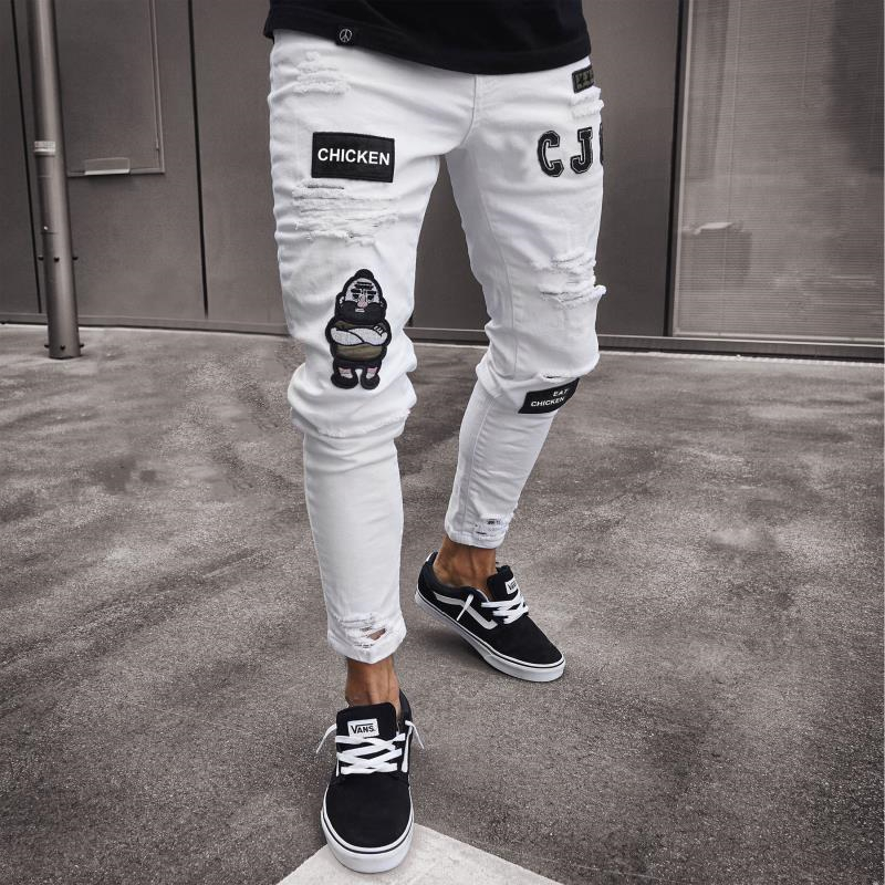 Men's Jean Stretchy Ripped Skinny Biker Embroidery Cartoon Print Jeans Destroyed Hole Slim Fit Denim High Quality Hip Hop Black Jeans