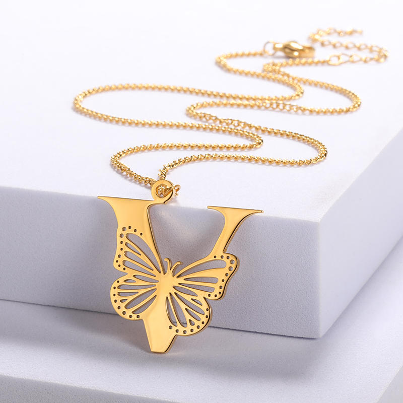 Dainty Big Butterfly Lettres Colliers Pour Femmes Fille Bijoux En Acier Inoxydable Chaîne Initiale Pendentif Collier