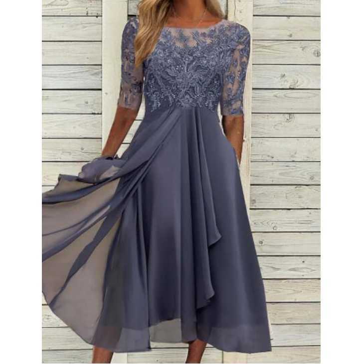 Casual Dresses Boho O Neck Gold Shiny Party Dress Women Spring Patchwork Ruffles Chiffon Oregelbunden klänning Summer Kort ärm Long Beach Dresses W0315