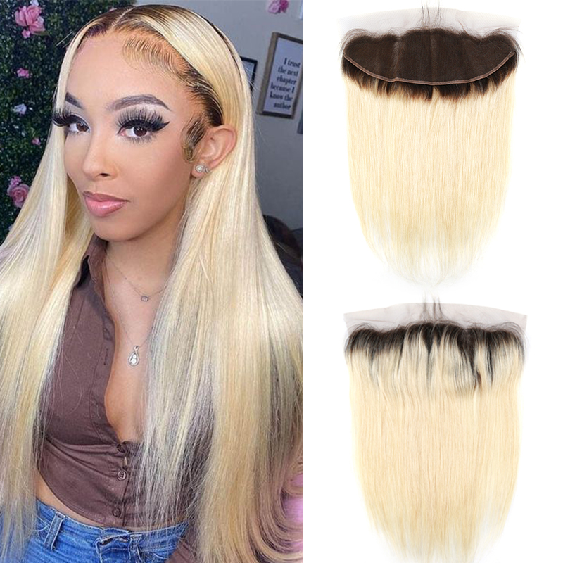 Deal Peruvian Blonde Ombre Human Hair Frontal Dark Roots 1B/613 Blonde Two Tone 13x4 Straight Lace Frontals Closure Greatremy Body Wave