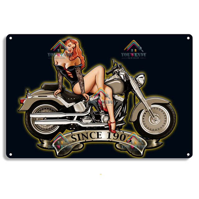 Vintage Motorcycle Garage Metal Painting Signs Plaque Retro Vintage Metal Tin Plate Pin Up Girl Poster Garage Car Repair Motor Club Wall Decoration 30X20cm W03