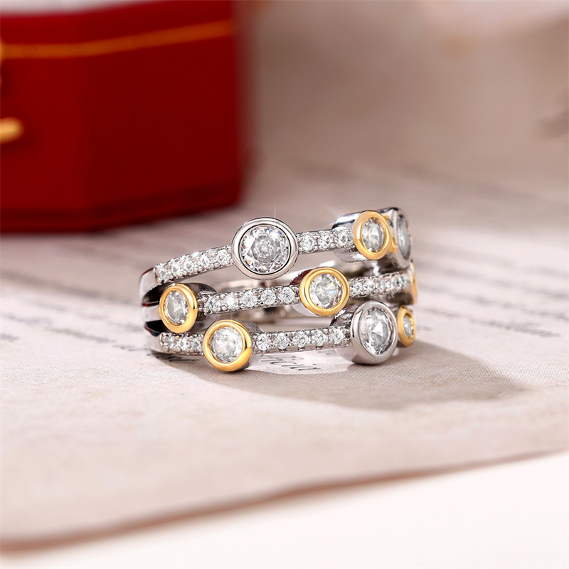 Vintage Two Tone Lady's Rings With Side Stones Anniversary Party Daily Wearable Luxury Cubic Zirconia Rings Trend Women Jewelry