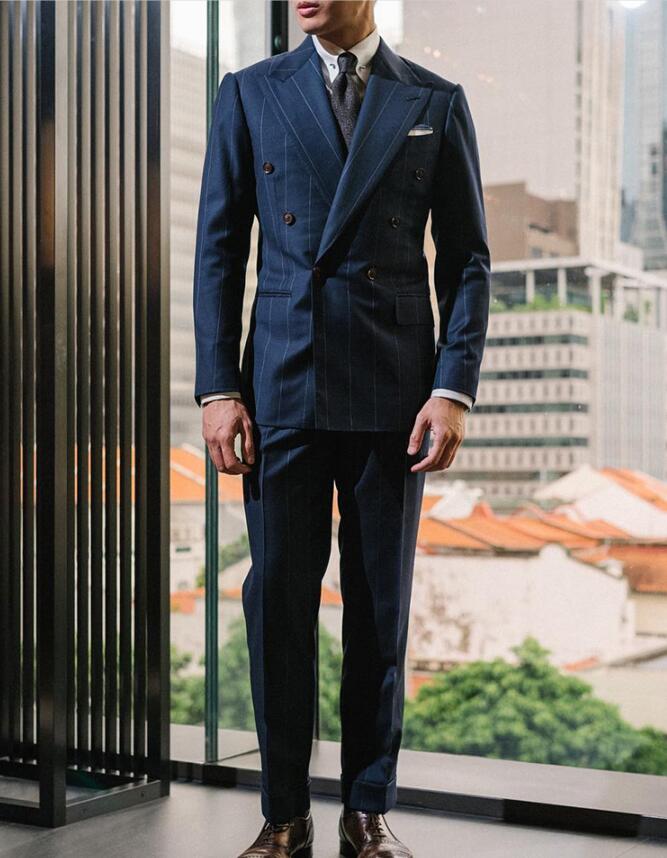 Rope Stripe Men's Wedding Tuxedo Peaked Lapel Custom Made Formal Business Coat Blazer Jacket and Pants