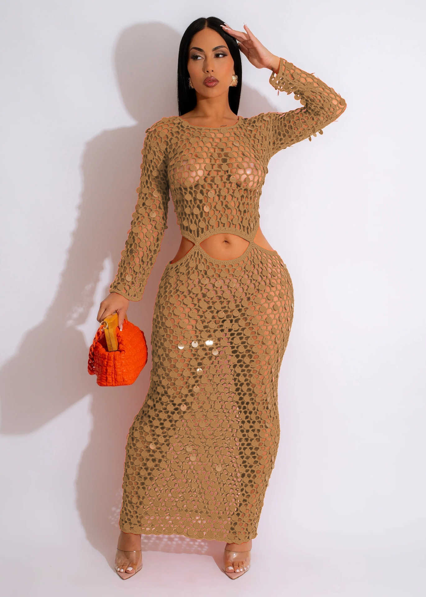 Casual Dresses Sexy Shinny paljett Knit Rib Long Dress Women Summer 2023 Hollow Out See Through Through Club Beach Wear Cover Maxi Dresses Y2K Robe W0315