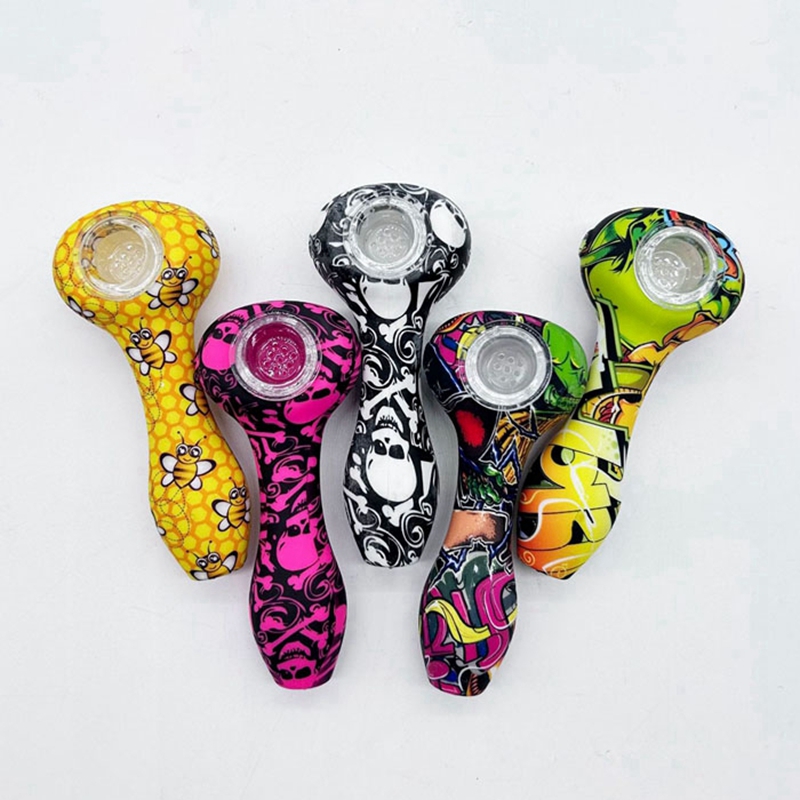 Pretty Colorful Pattern Silicone Portable Style Pipes Herb Tobacco Oil Rigs Glass Multihole Hole Filter Bowl Handpipes Smoking Cigarette Hand Holder Tube DHL