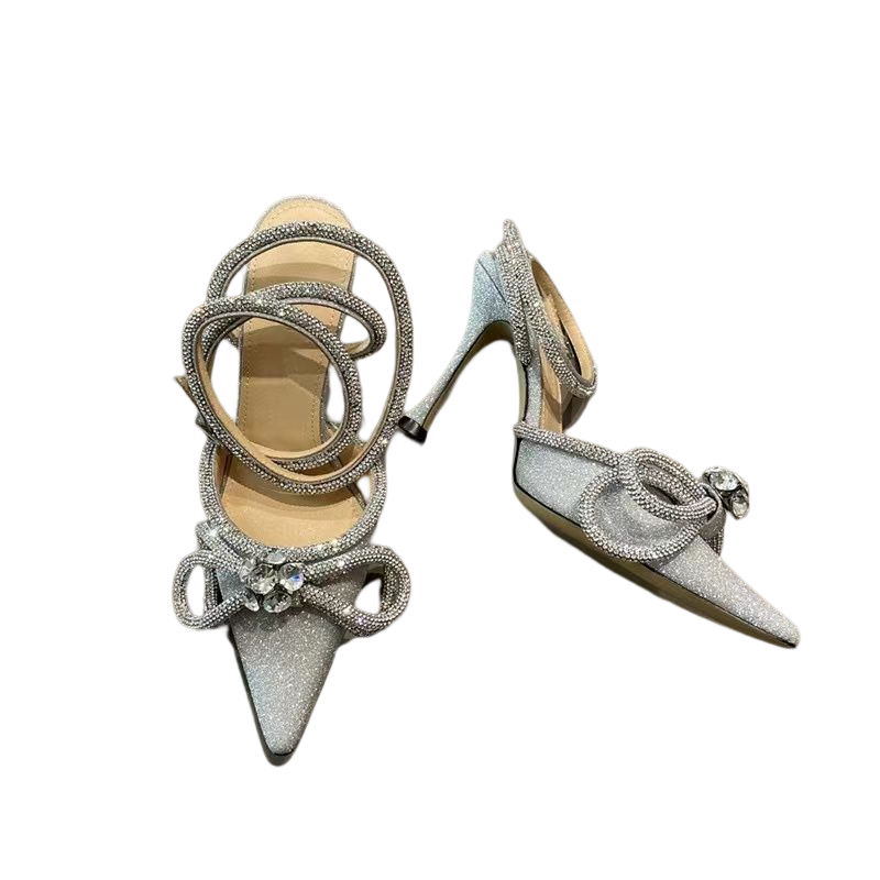 Mach elbise ayakkabıları bir kutu parıltılı bowties pompaları kristal süslemeli rhinestone akşam ayakkabıları makine makine topuklular sandalet kadınlar lüks topuklu
