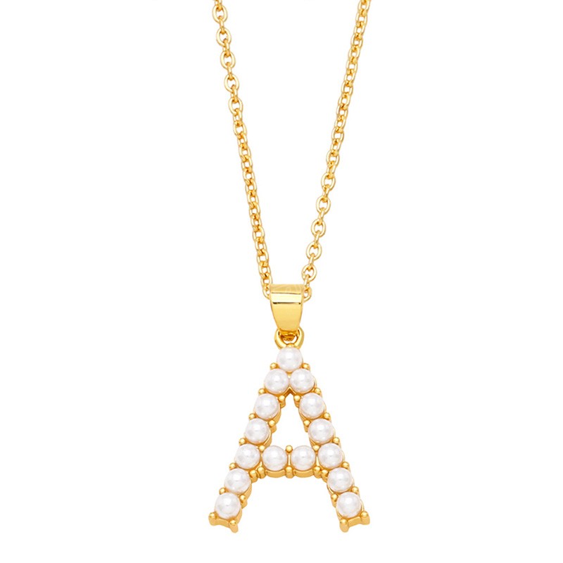 Mode inledande namn halsband för kvinnor koppar guldpläterad pärla 26 a-z engelska bokstäver alfabet hänge halsband smycken