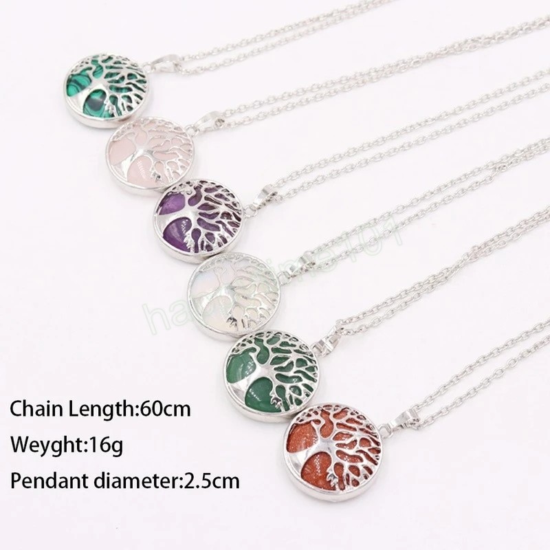 Fashion Hollow Tree of Life Pendant Necklace for Women Round Natural Stone Crystal Charm Clavicle Chain Jewelry for Party Gifts