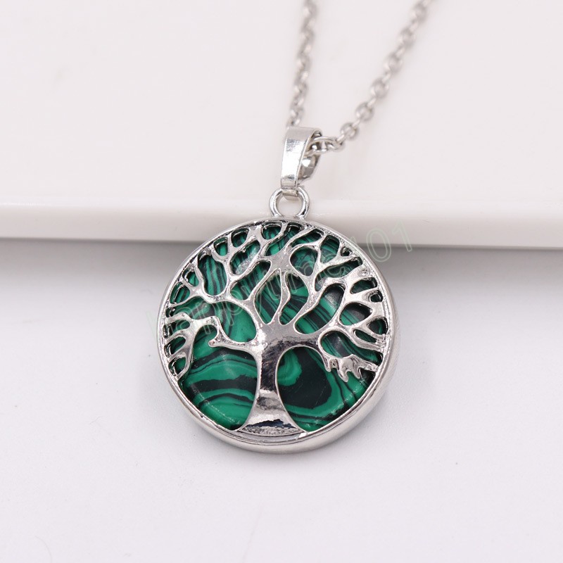 Fashion Hollow Tree of Life Pendant Necklace for Women Round Natural Stone Crystal Charm Clavicle Chain Jewelry for Party Gifts