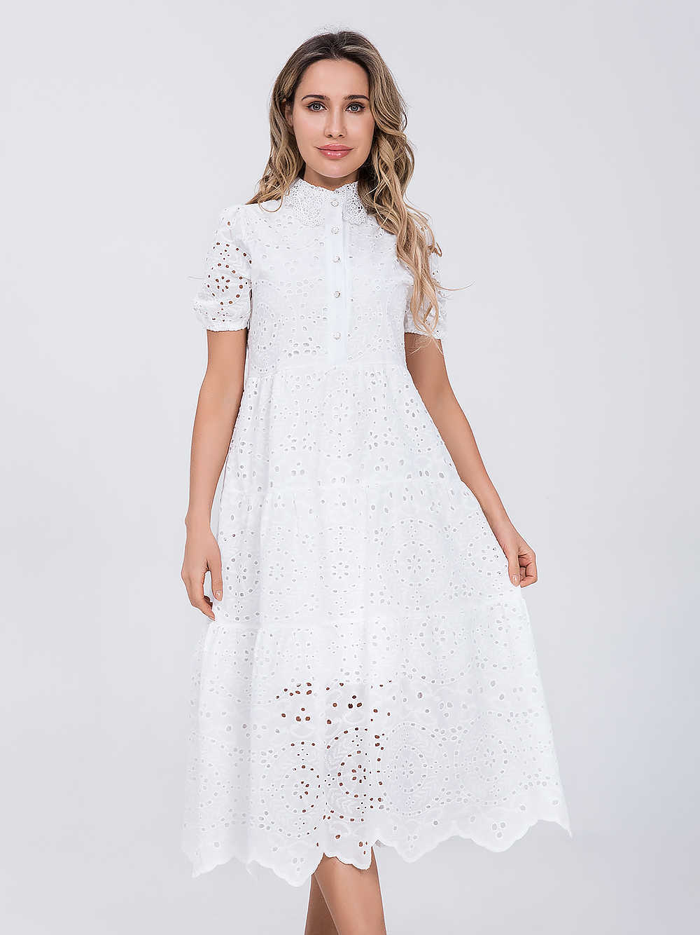 الفساتين غير الرسمية Marwin Cotton Hollow Out Summer White Dress Women Holiday Perppy عالي الخصر عالي الخصر مكدسة الفساتين المصغرة A-Line Frills Vestido W0315