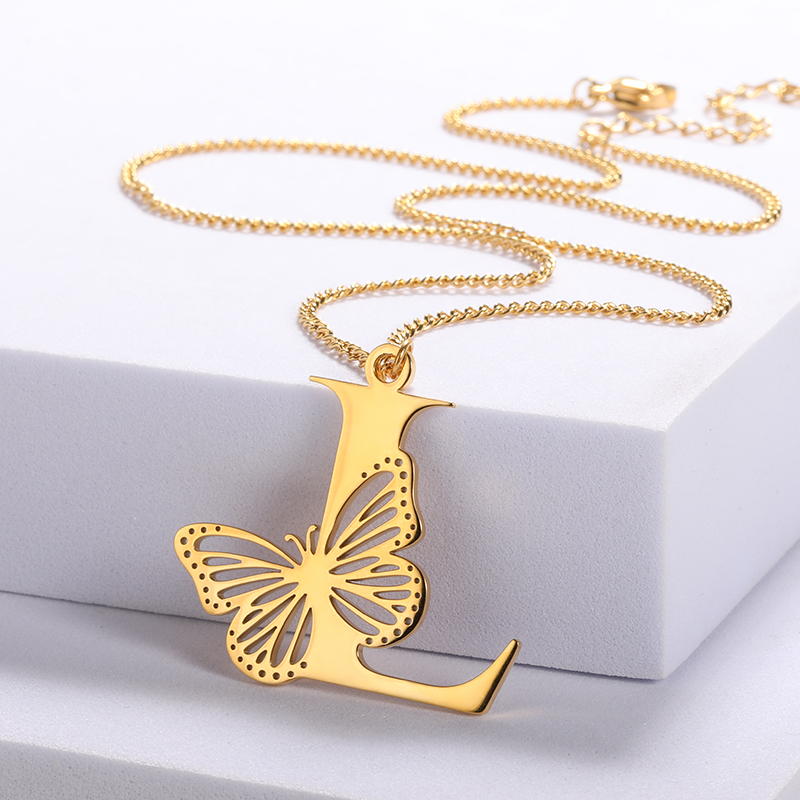 Dainty Big Butterfly Lettres Colliers Pour Femmes Fille Bijoux En Acier Inoxydable Chaîne Initiale Pendentif Collier