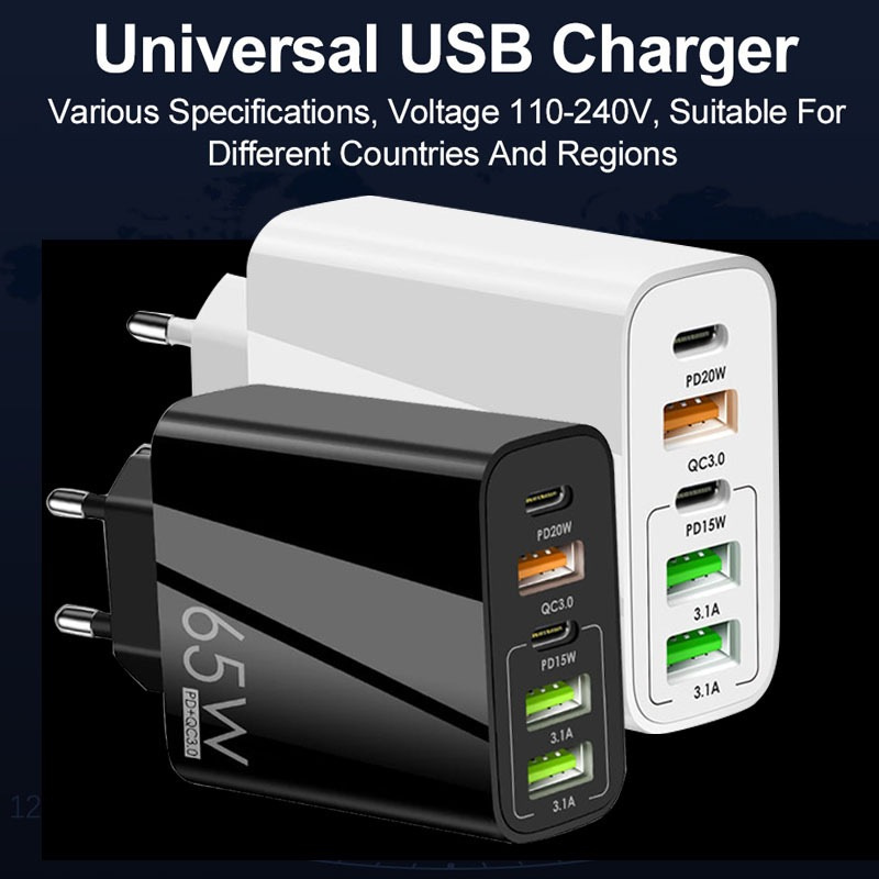 65W USB-Ladegerät 5 Ports Schnellladegerät Typ C PD Schnellladegerät Koreanische Stecker Ladeadapter für iPhone Tablet Samsung LG Mobiltelefon mit Einzelhandelsverpackung