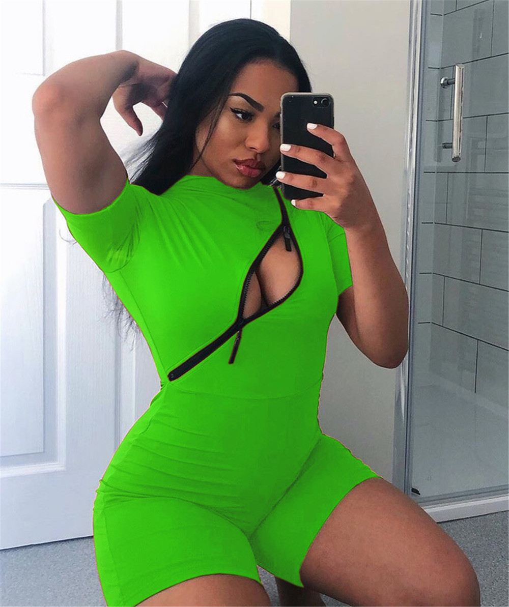 Bulk Wholesale Fashion Design Oblique Zipper Up Rompers O-neck Solid Strench Bodycon Jumpsuits Casual Summre Bodysuits 9486