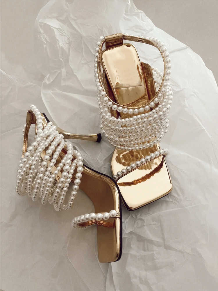 Glänzende Perlenketten Riemen Slingbacks Sandalen Frau Bling Gold Leder Square Peep Toe Gladiator Pumps Abendkleid Schuhe 0316