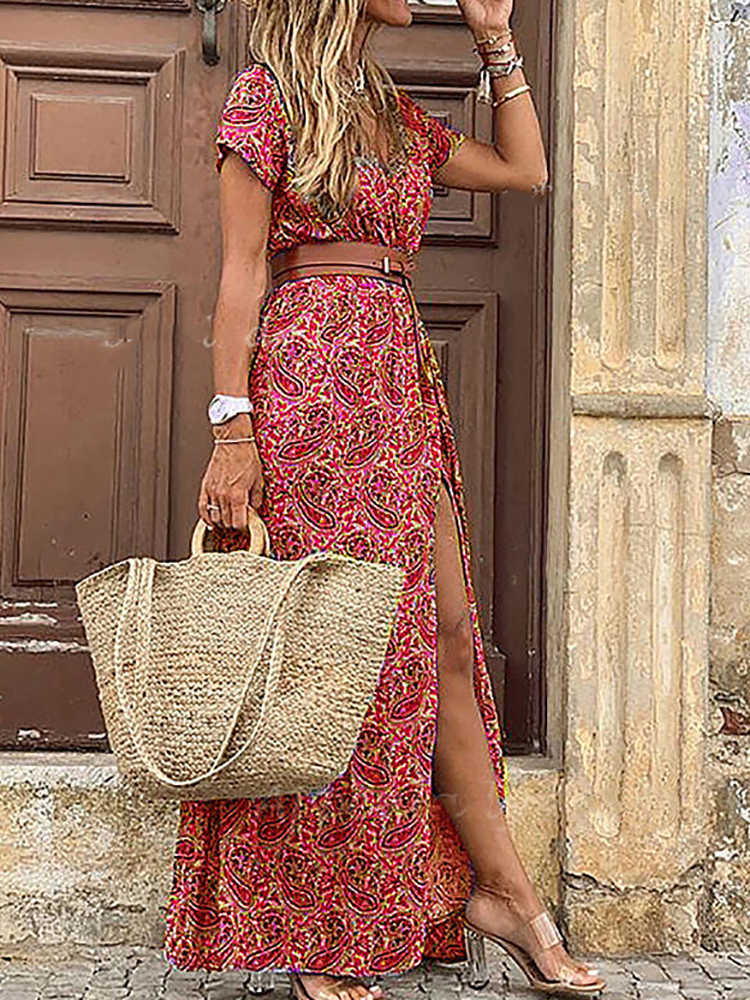 Casual Dresses Fitshinling Bohemian Wrap Long Dress Holiday Beach Pareo High Split Vintage Sexiga Maxi Dresses for Women Clothing Print Vestidos W0315