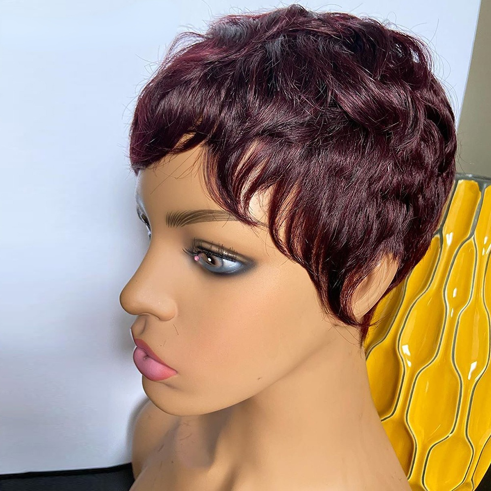 Red Bourgondië 99J Color Short Bob Pixie Cut Wig met pony Natural Rechte Wave Indian Remy Human Hair Pruiken voor zwarte vrouwen