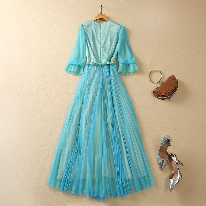 2023 Summer Blue Ruched Weave Belted Tulle Dress 3/4 Sleeve V-Neck Contrast Color Long Maxi Casual Dresses S3M160316 Plus Size XXL