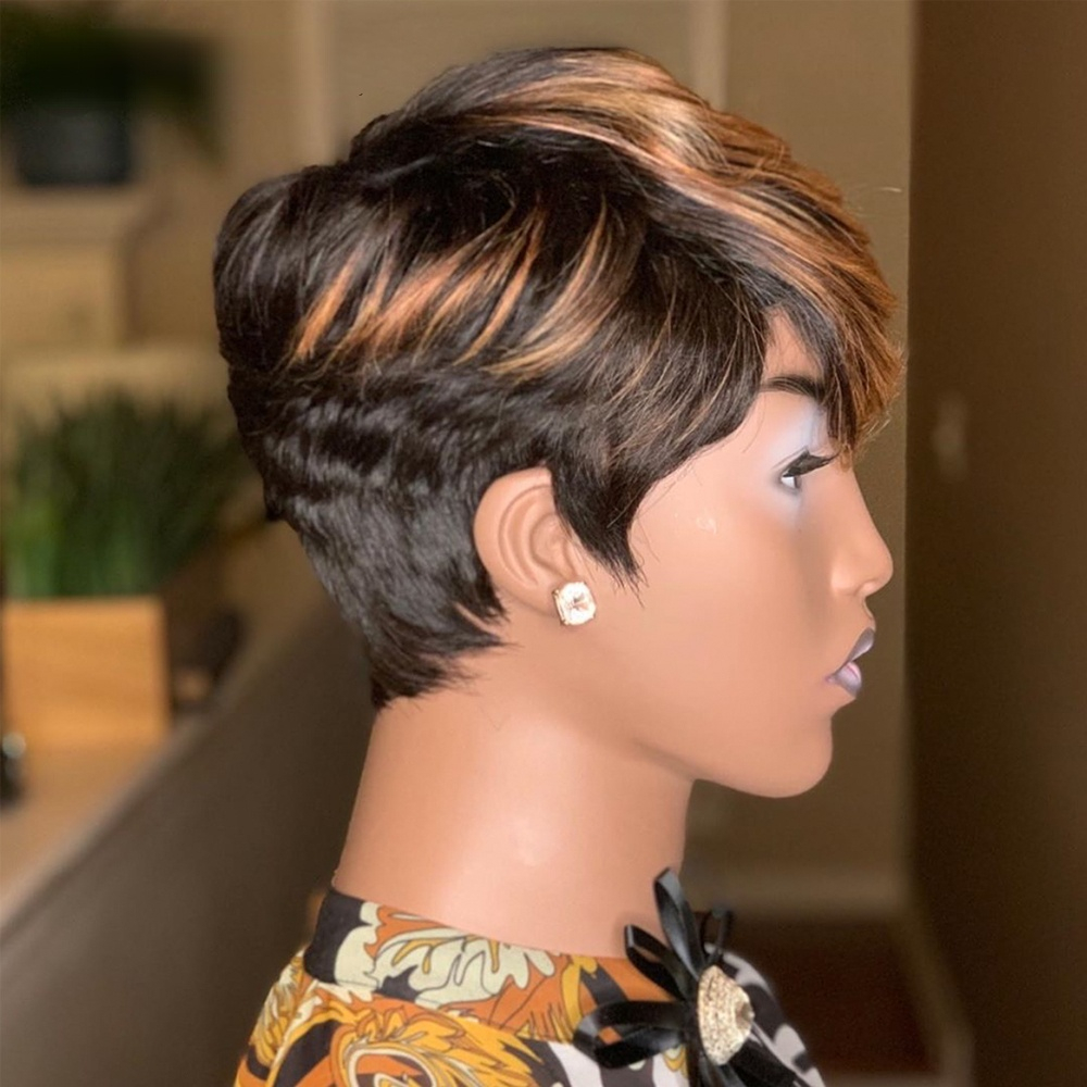 Ombre Color Hair Remy Brasil Curto Bob peruca com franja Mel reto Loiro loiro completo Pixie Cut Wigs para mulheres negras